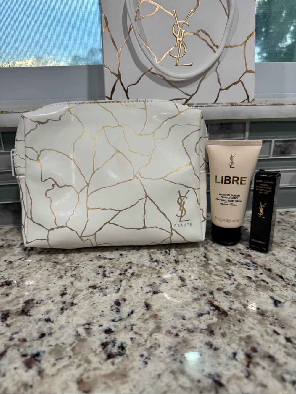 Yves Saint Laurent White & Gold Skincare Pouch Set with Libre Lotion 4 piece set